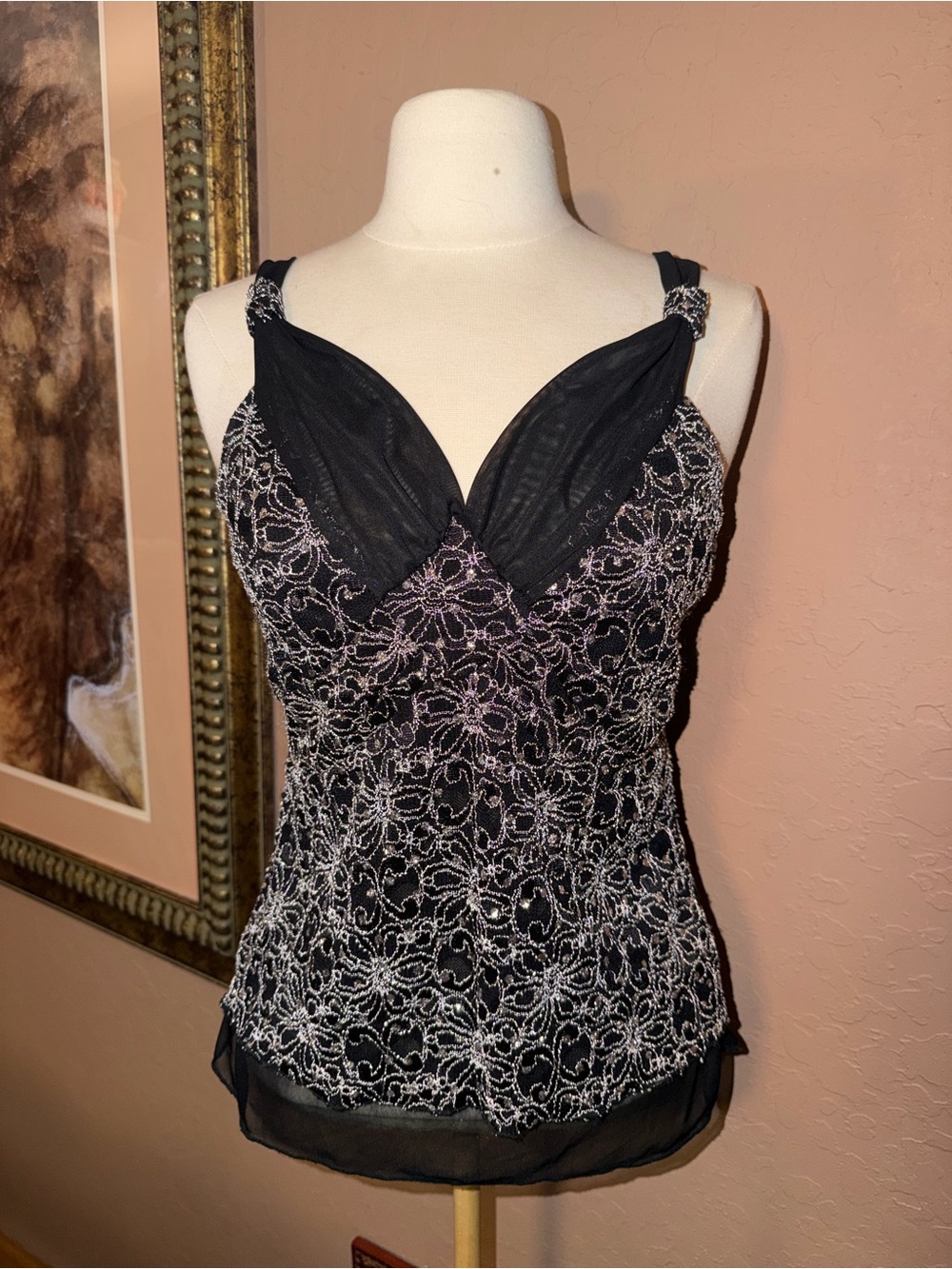 Rare Gem - j.t.b. Black & Silver Lace Embellished Camisole Tank Top size M